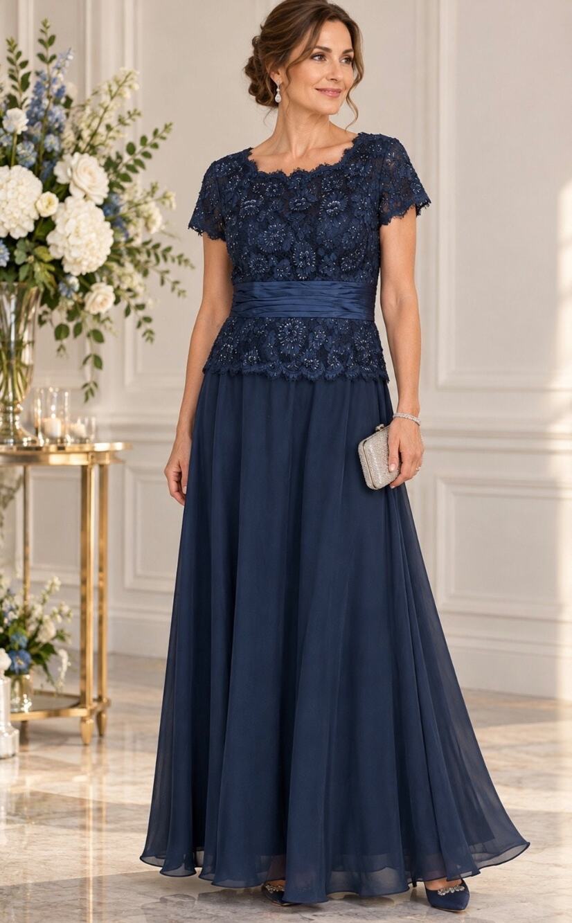 Aspeed U.S.A. Navy Mother Of the Bride Maxi Dress Hand Beaded Floral Zip Back XL
